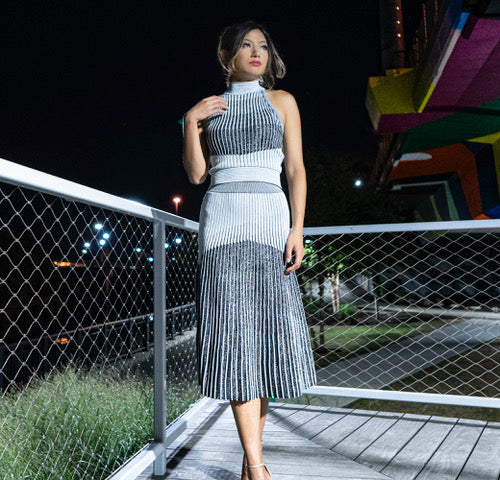 Halter Ribbed Knit Two-Piece Midi Dress with Metallic Detail Soodee Halter Ribbed Knit Two-Piece Midi Dress with Metallic Detail Soodee