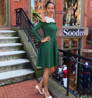 Cold Shoulder A-Line Knit Dress W/Lace Neckline