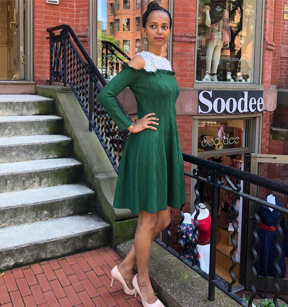 Cold Shoulder A-Line Knit Dress W/Lace Neckline Soodee Cold Shoulder A-Line Knit Dress W/Lace Neckline Soodee
