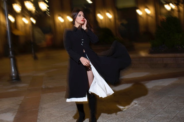 Asymmetric Button Black Trench with White Cotton Layer and Back Slit